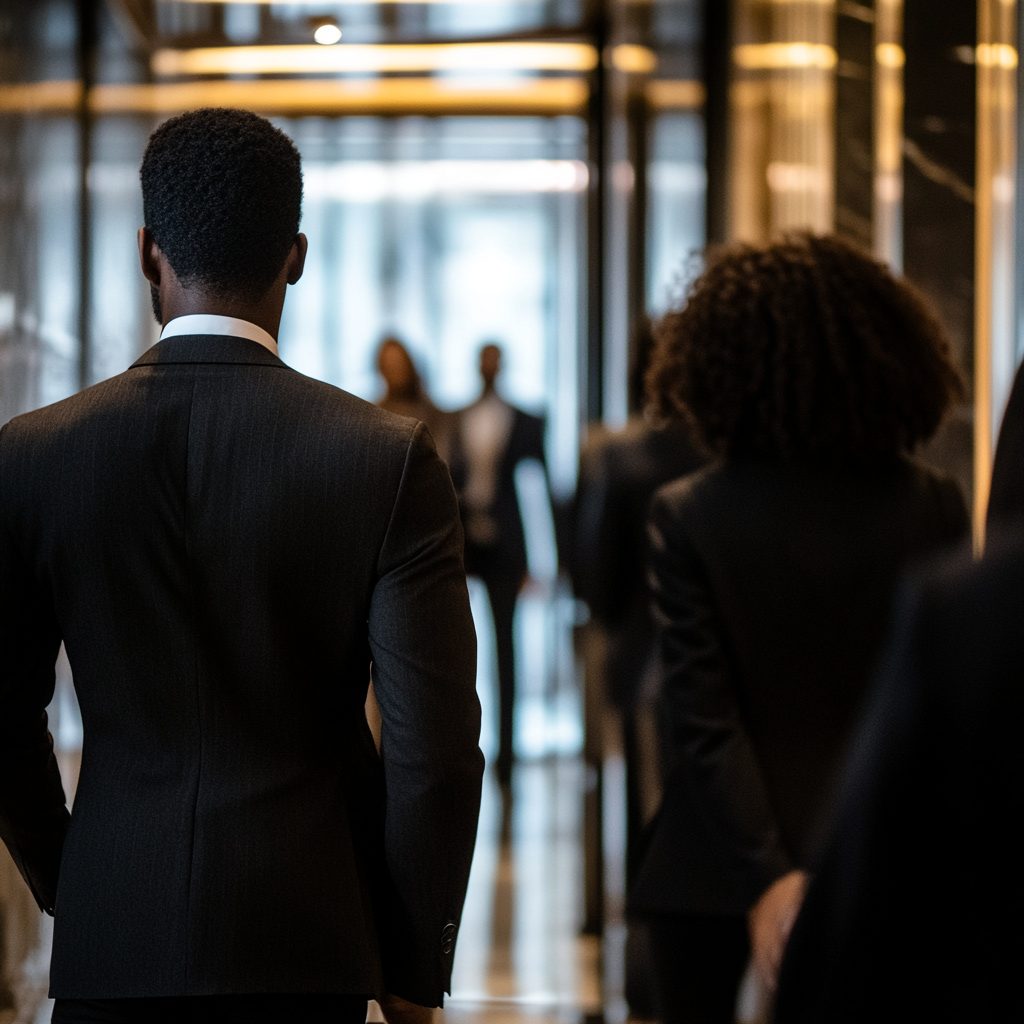 African American walking into a room of other professionals